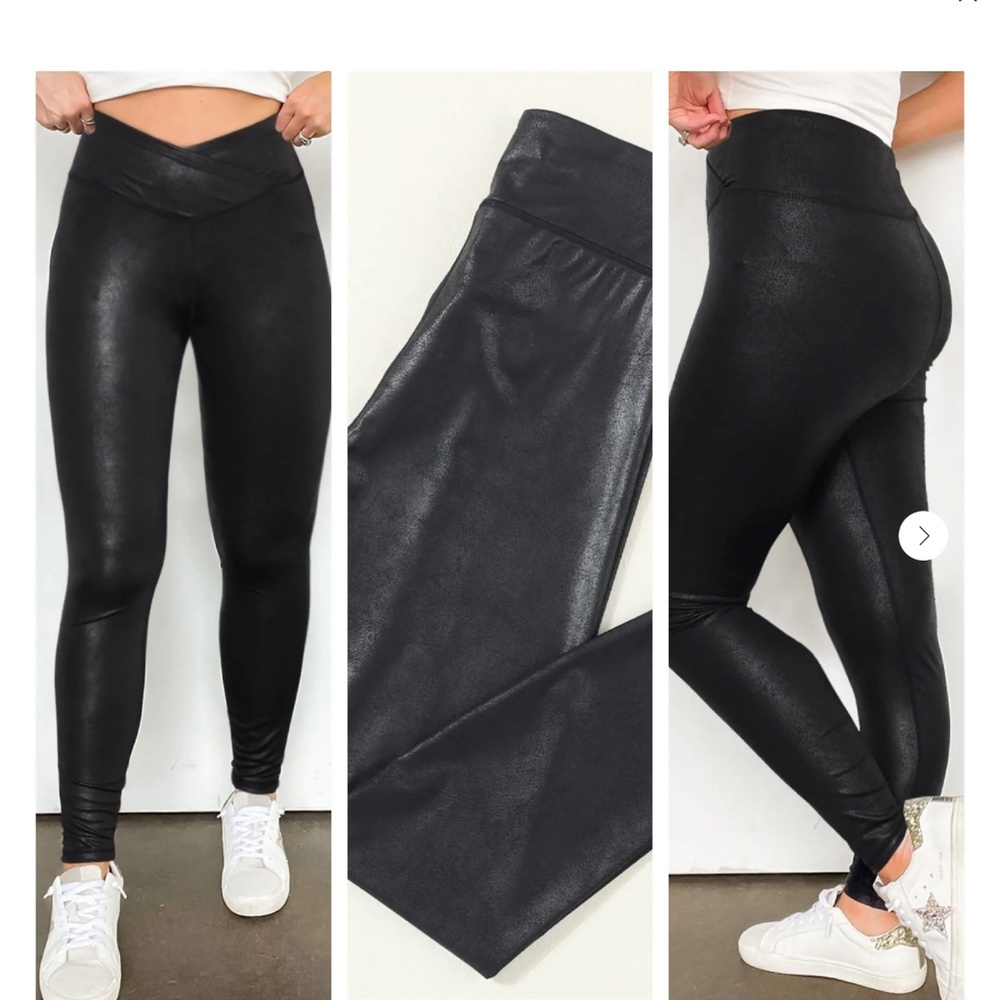 NWOT Satin Finish Pebble Faux Leather Leggings with Crisscross Waistband